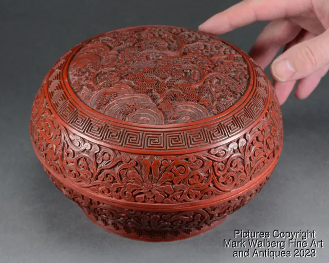 Chinese Carved Cinnabar Lacquer Box, Trees & Rocks, Scrolling Lotus, 18/19th C.