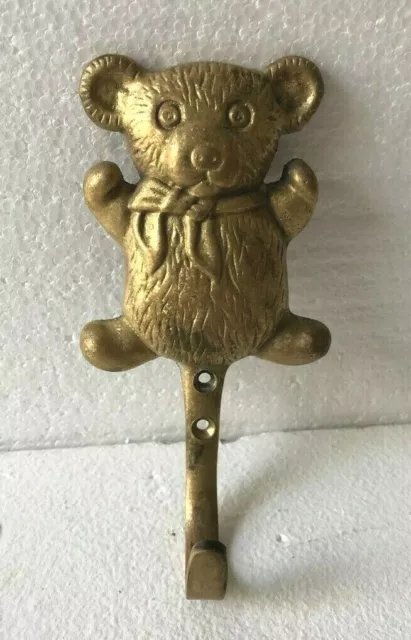Vintage Antique Solid Brass TEDDY BEAR Key Cloth Towel Wall Mounted Hook Hanger