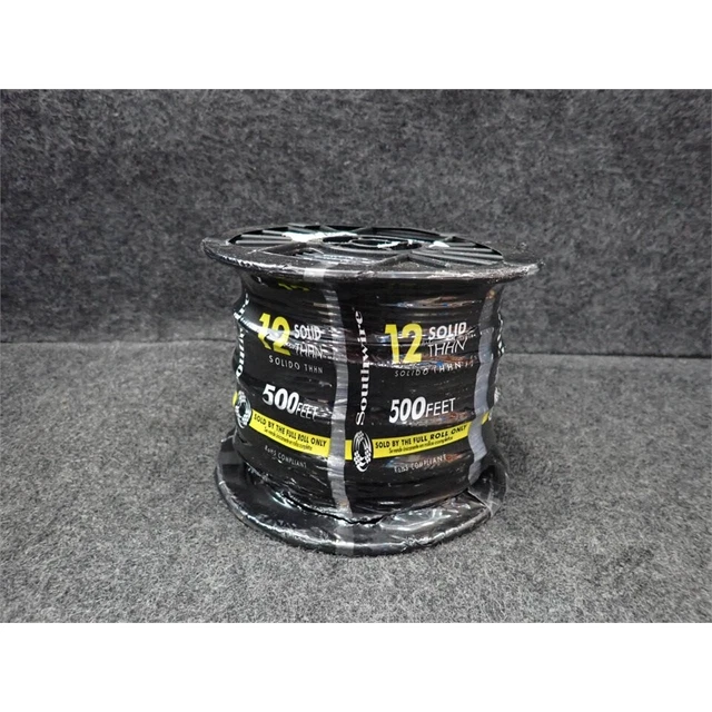 Southwire  THHN Hookup Wire, 500' Spool, 12 AWG, Solid, Black