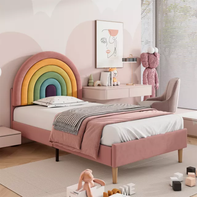 3ft Single Upholstered Bed with Slatted Bed Frame and Rainbow Headboard Pink