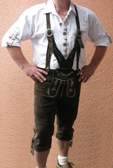 Herren Trachtenlederhose Kniebundhose dunkelbraun Wildleder 3/4 Grösse 48 NEU
