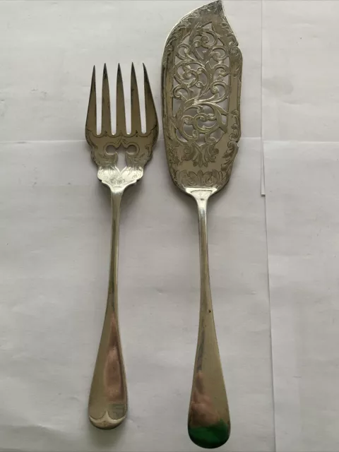 Pair of Antique William Page silver plated fish servers Large Pierced & Engraved