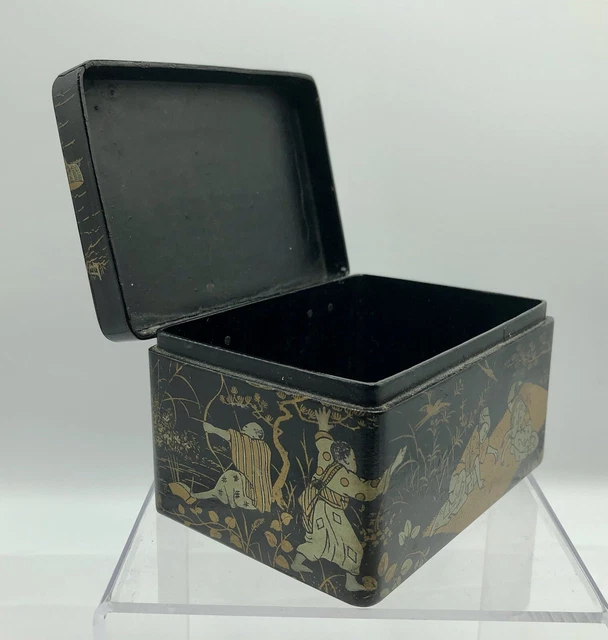 Vintage Asian Gold & Black Lacquer Wooden Hinged Lid Box w/ Life Scenes /b