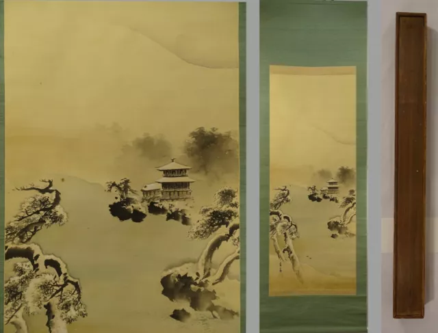 YR10 Temple Snow Landscape Hanging Scroll Japanese Art painting antique Picture