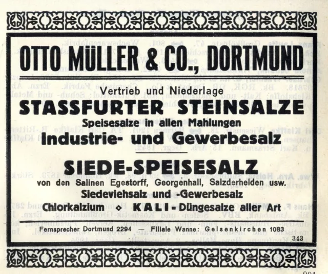 Otto Müller & Co. Dortmund VERTRIEB STASSFURTER SALZE Historische Reklame 1925