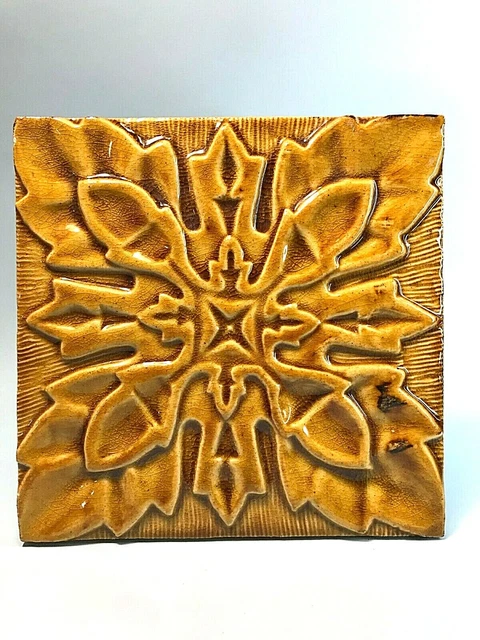 Antique Ceramic Tile Acorn & Oak Leaf Motif Honey 6 Inch Gresval Portugal Glazed
