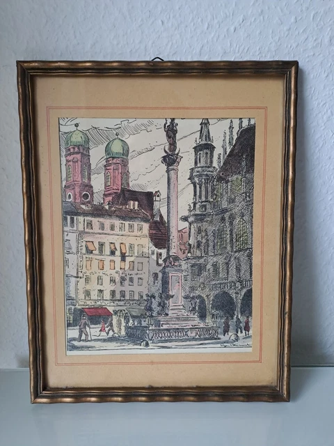ALTE FARBRADIERUNG MARIENPLATZ M nchen Signiert Frauenkirche Mit Rahmen 