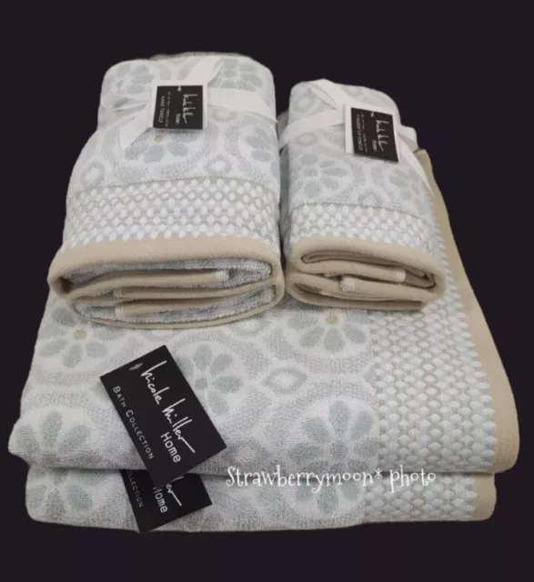 Nicole Miller 6pc Towel Set Daisies Soft Mint Green Gray Beige Khaki Flowers New