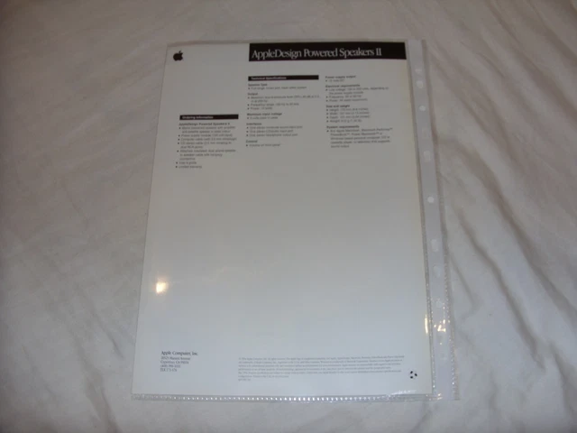 AppleDesign Powered Speakers II two-sided data sheet black/white Macintosh 2