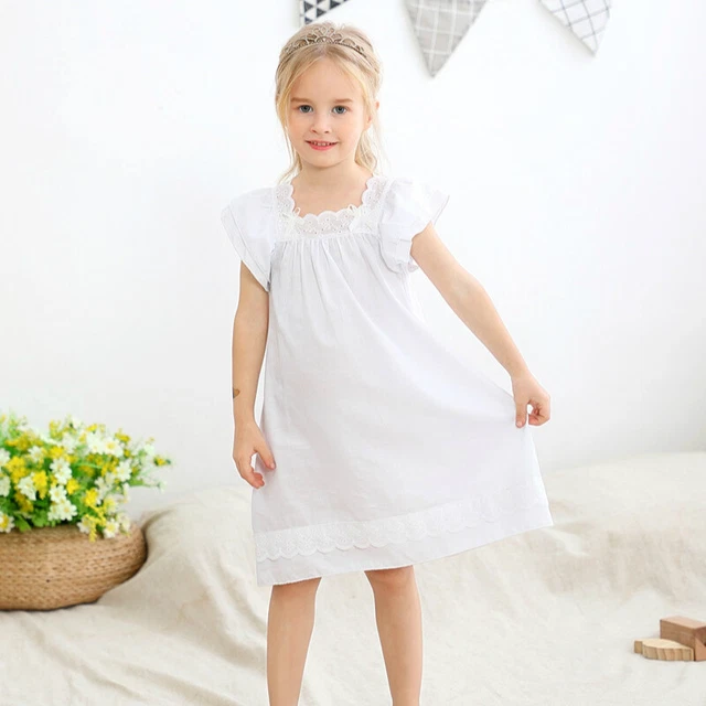 Enfants Filles Dentelle Coton Pyjama Chemise de Nuit Nightgown Princesse Blanc