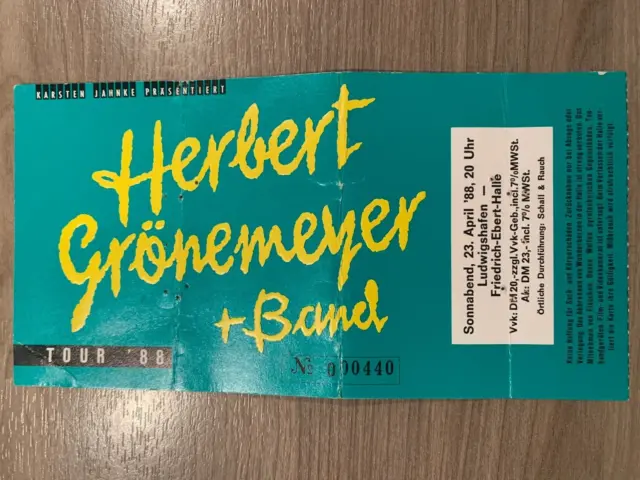 Herbert Gröneymeyer Konzertkarte, Eintrittskarte, Ticket, Ludwigshafen, 1988