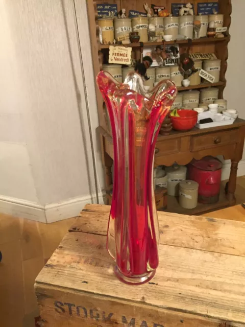 Vintage Tall Mid-Century Italian Glass Shaped Red Glass Vase – Murano? Great!