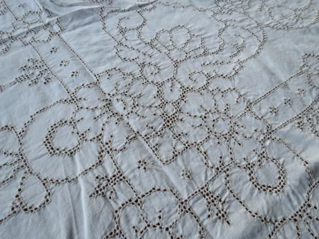 Antique Vintage MOSAIC LACE LINEN Hand Embroidered TABLECLOTH 68" x 83"