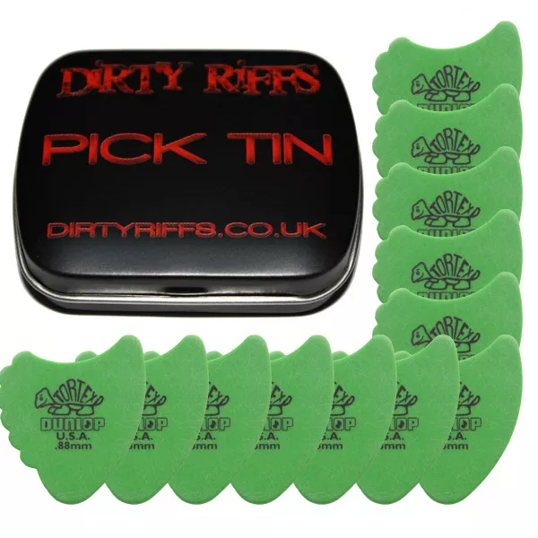 12 x Dunlop Tortex Fin Guitar Picks - 0.88mm Green In A Handy Pick Tin