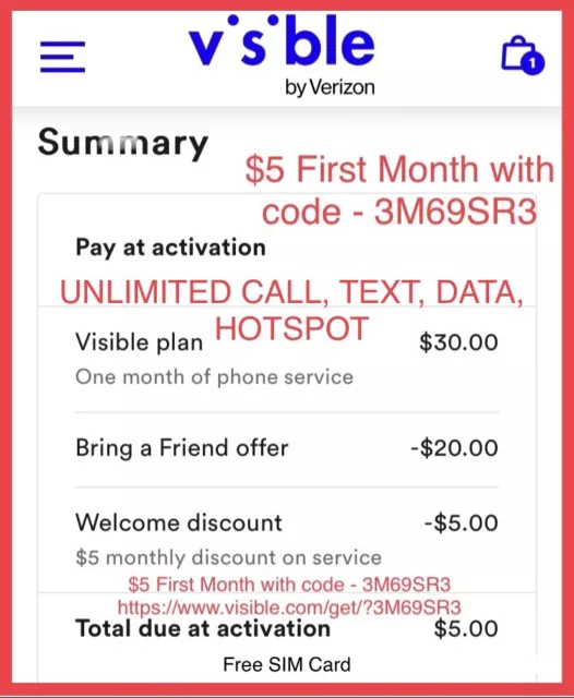 Visible Wireless (verizon) $5 First Month, Use FREE Code: 3M69SR3 at visble.com