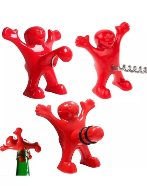 Happy Man Wine Bottle stopper, Corkscrew, Opener 3 Piece Sst