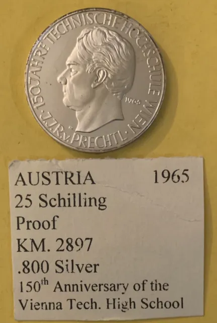 1965 Austria 25 Schilling Coin Vienna Tech .800 Silver Proof Coin