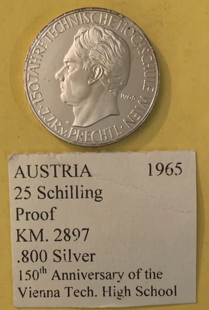 1965 Austria 25 Schilling Coin Vienna Tech .800 Silver Proof Coin