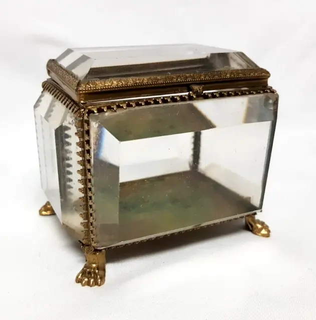 Antique French Gilt Metal & Beveled Glass 3.75" Footed Jewelry Caset Box