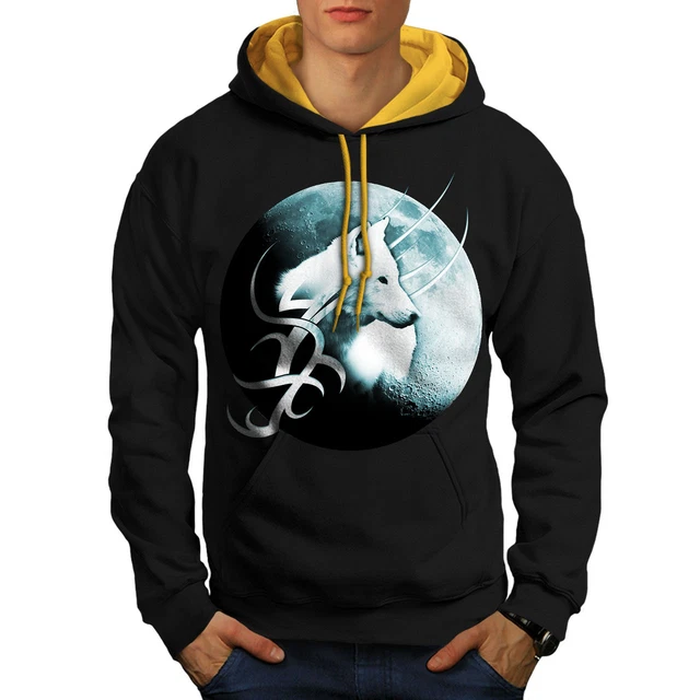 Felpa con cappuccio Wellcoda Lone Wolf Moon Art da uomo a contrasto, maglione casual solitario