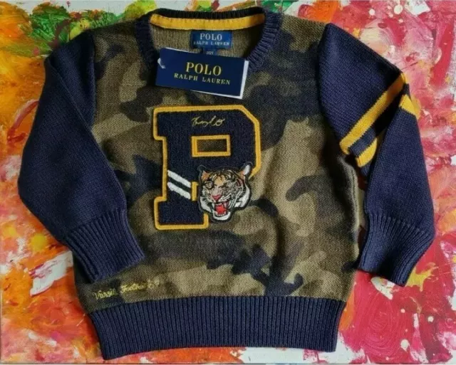 Ralph Lauren Polo Tiger Collage Varsity Knit Jumper 2 Years.