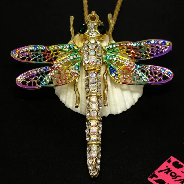 New  Betsey Johnson Colorful Crystal Dragonfly Enamel Pendant Sweater Necklace
