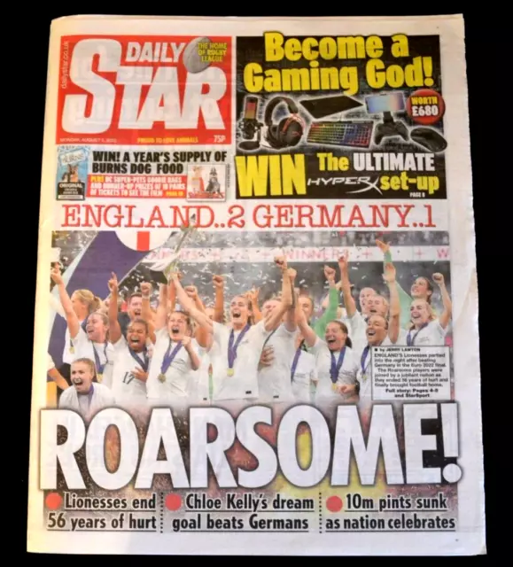 Daily Star UK Newspaper 01/08/22 August 1st 2022 England Women Win Euro Final!