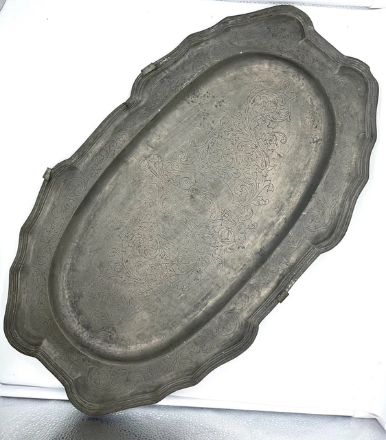 Grand Plat Ovale En Étain 95% – Pièce De Service Argenté – 44cm – Occasion