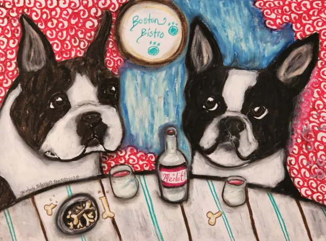 ACEO Boston Terriers at the Pub Dog Art Print 2.5x3.5 Artist KSams Wine