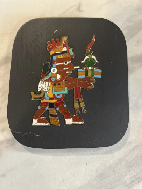 XOCOTL HUETZI MEXICO OCTOER WOOD TILE Metal warrior plaque used see pics