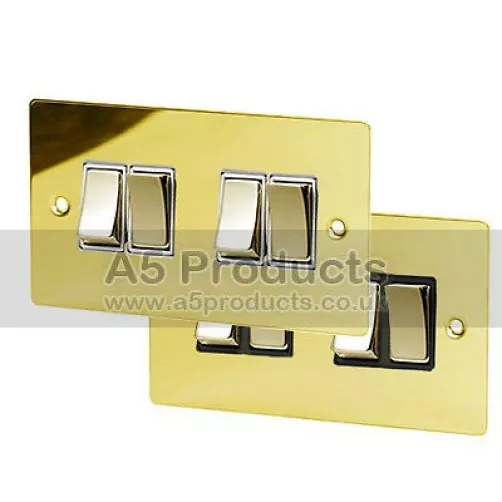 10 AMP Lichtschalter 4 Gang 2 Wege Goldeffekt poliert Spiegel Messing flach