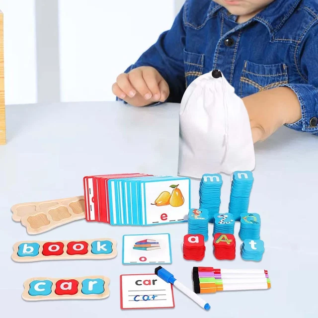 WOODEN WORD SPELLING Game Educational Toy Short Vowel Reading Letters ...