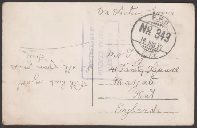 East Africa and Uganda 1917 Active Service Postcard FPO 343 Dar Salaam Postmark