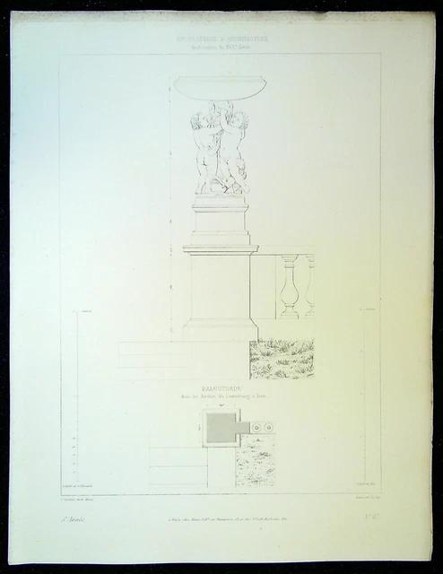 Ancienne Gravure d'Architecture Balustrade dans les jardins du Luxembourg