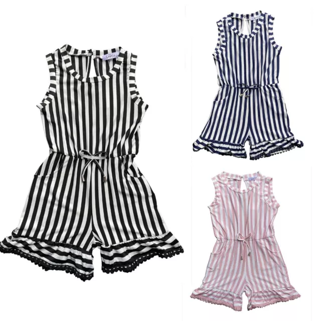 Kids Girls Striped Party Outfit Playsuits Jumpsuits Romper Shorts Summer 4-14