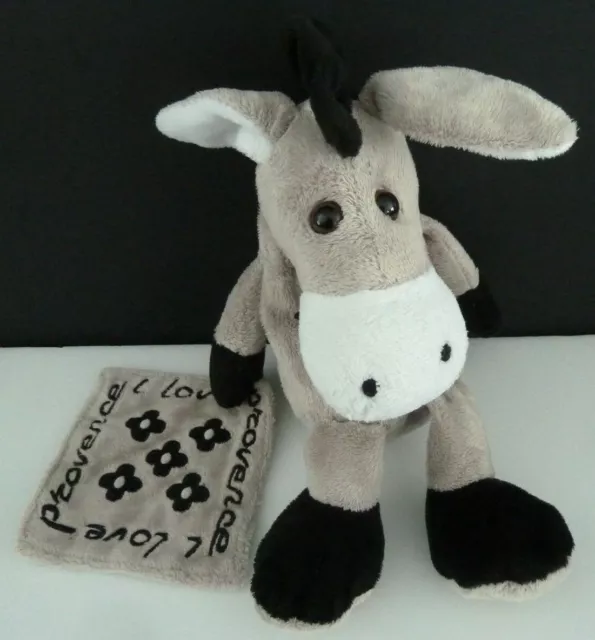 R7- DOUDOU PELUCHE ANE MOUCHOIR I love Provence GRIS NOIR BLANC 28 cm - TBE