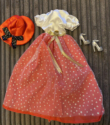 Quality dolls sparkly red peach Victorian dress hat & shoes made for dolls uk