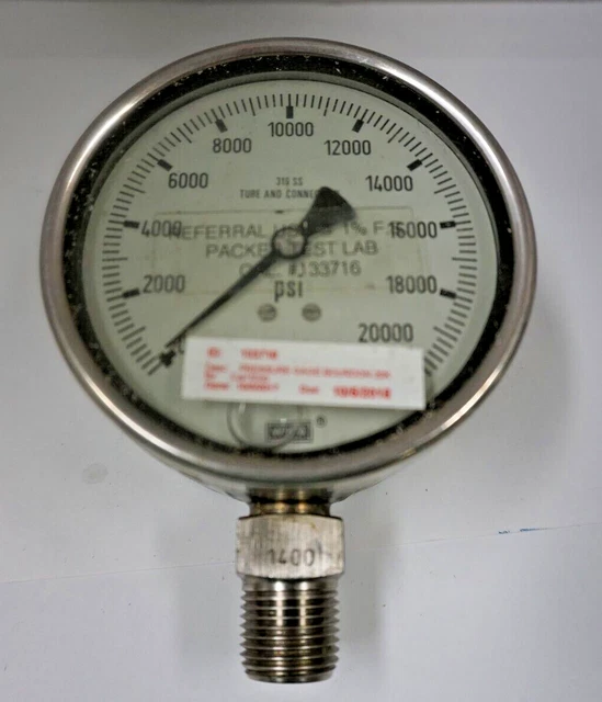 WIKA PRESSURE GAUGE 316 SS Tube and Connection 20,000 PSI 4" Dial 1/2