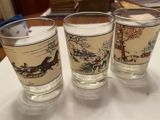 Vintage Currier & Ives Christmas Glasses - Set of 3