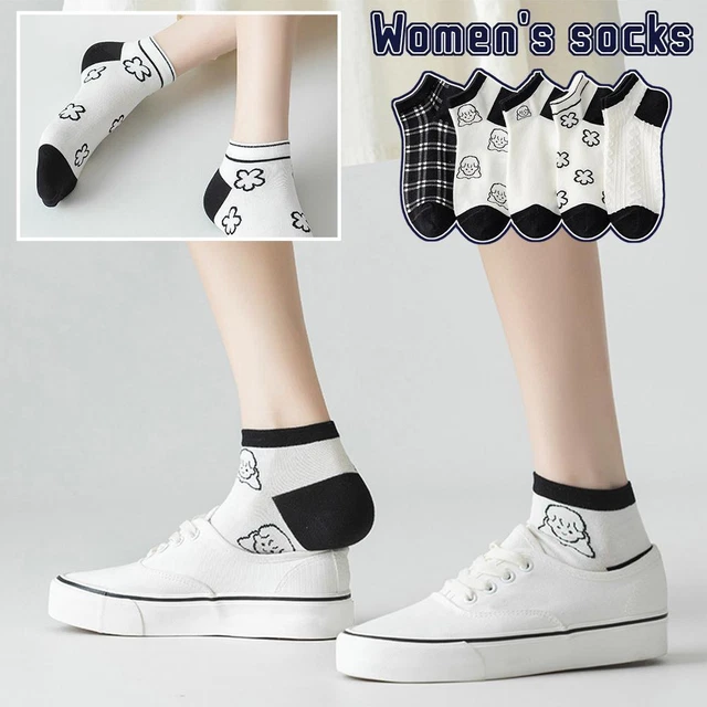 5 paires chaussettes col rond coton pour femme Chaussettes noires et blanches  `