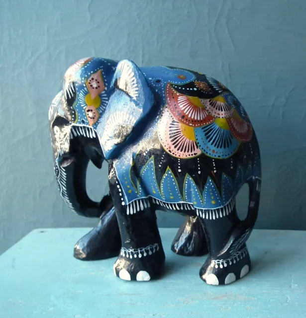 Vintage wooden elephant ornament figurine hand carved painted black blue India