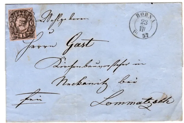 Altdeutschland Sachsen Mi.Nr. 9 EF auf Briefteil von Borna nach Lommatzsch 1857