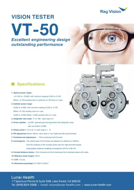 Ophtalmique Vue Vision Testeur Blanc Optique Manuel Refractor Optométrie VT-50 3