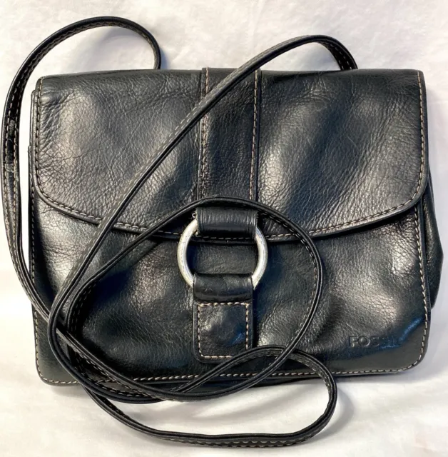 VTG Fossil Black Pebble Leather Small Crossbody Silver O Ring Handbag Purse Bag