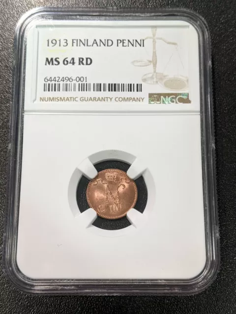 1913 MS64 RD Finland Copper Penni NGC KM 13 UNC