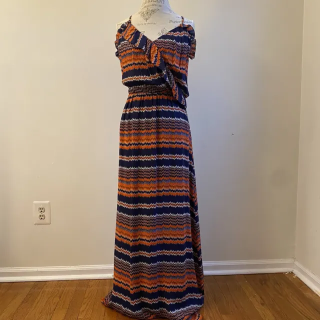 Parker 100%Silk Chevron striped women’s Maxi Dress Navy Blue Red Size Small