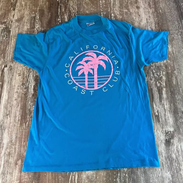 Vintage Hanes California Coast Club 90s Tropical T Shirt XL Blue Palm Trees USA