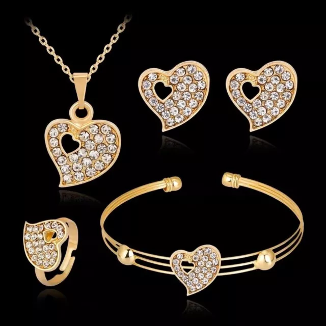 Set of 4 Women Gold Shinny Necklace Earring Ring Bracelet Choker Heart Jewelry
