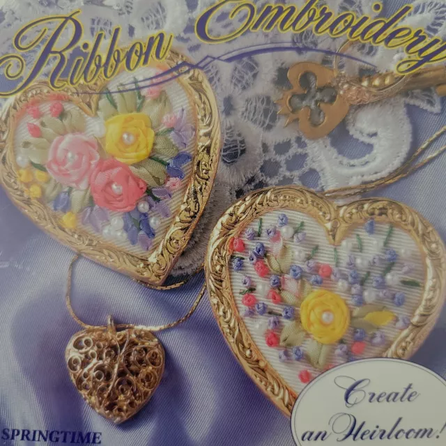 Floral Pin Ribbon Embroidery Kit Bucilla Heart Silk Gold Pearl Moire Makes 2 NOS