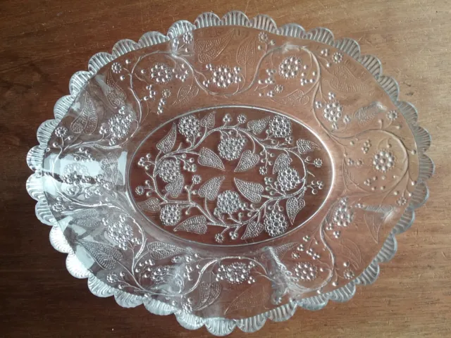 Vintage Pressed Glass Oval Serving Dish with Scalloped Edge